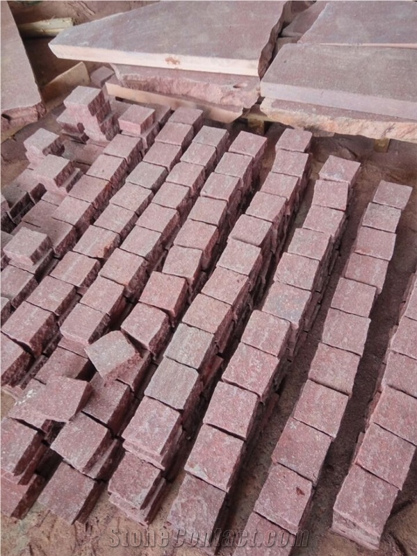 G666 China Red Porphyry Fushou Red Flamed Cleft Split Cube Paver