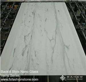 Backlit Style New Nano Glass Tile Cut to Size Polished Slabs, Translucent Artificial White Veins Solid Surface Marble