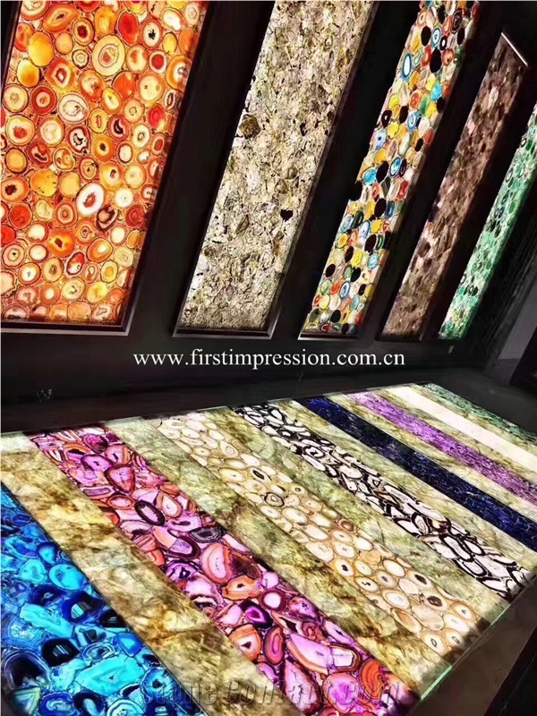 Colorful Agate Stone Slabs & Tiles/ Semiprecious Stone Gemstone Stone/ Transperant Countertop Intertior Wall Cladding High Polished Slabs
