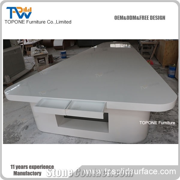 Artificial Marble Stone White Triangle Conference Table Design, Interior Stone Acrylic Solid Surface Triangle Meeting Table Tops Design