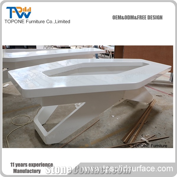 Artificial Marble Stone White Triangle Conference Table Design, Interior Stone Acrylic Solid Surface Triangle Meeting Table Tops Design