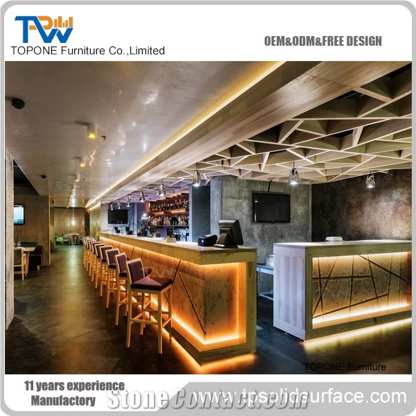 China Factory Oem Design Artificial Marble Stone Nightclub Led Bar Counter Tops, Interior Stone Acrylic Solid Surface Wine Bar Table Led Lighed Desk