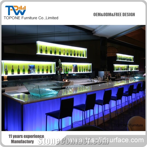 Custom Made Pure Acrylic Solid Surface High Glossy Curved Led Cocktail Bar Counter Top for Nightclub, Interior Stone Artificial Marble Stone Bar Tops