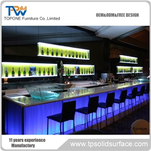 Custom Made Pure Acrylic Solid Surface High Glossy Curved Led Cocktail Bar Counter Top for Nightclub, Interior Stone Artificial Marble Stone Bar Tops
