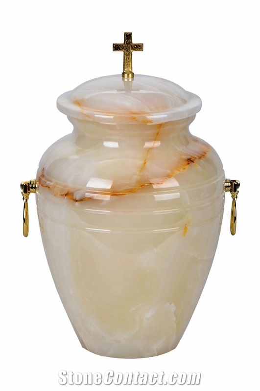 Modish Cremation Urn, Creamy White Onyx Urn, Pakistan White Jade Beige Onyx Cremation Urns