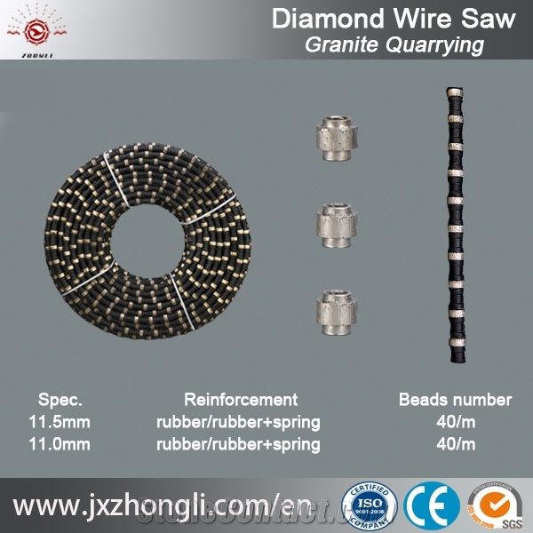 Water Cutting Diamond Wire Saw Ropes for Granite Marble Sandstone Reinforced Concrete, Diameter 7.3mm 8.8mm 10.5mm 11.0mm 11.5mm for Wire Saw Machine