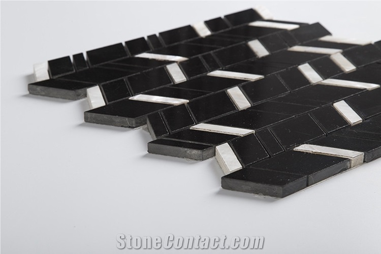 Black and White Nero Marquina Mix Shell Chevron Mosaic Tile