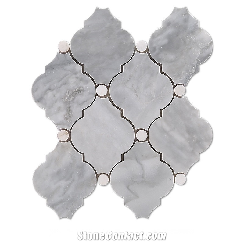 Gray Marble Arabesque Wall Tiles Mosaic with White Dots, Carrara Gray Marble with Thassos White Dot Mosaic Tile, Bardiglio Grey with Thassos White