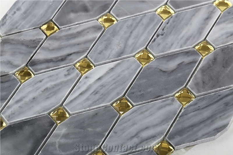 Gray Marble Long Octagon Mosaic Tiles with Glass Diamond Dots , Bardiglio Carrara Long Octagon with Glass Mosaic