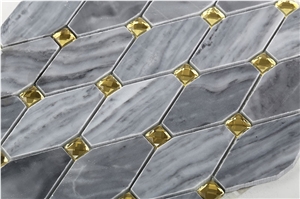 Gray Marble Long Octagon Mosaic Tiles with Glass Diamond Dots , Bardiglio Carrara Long Octagon with Glass Mosaic