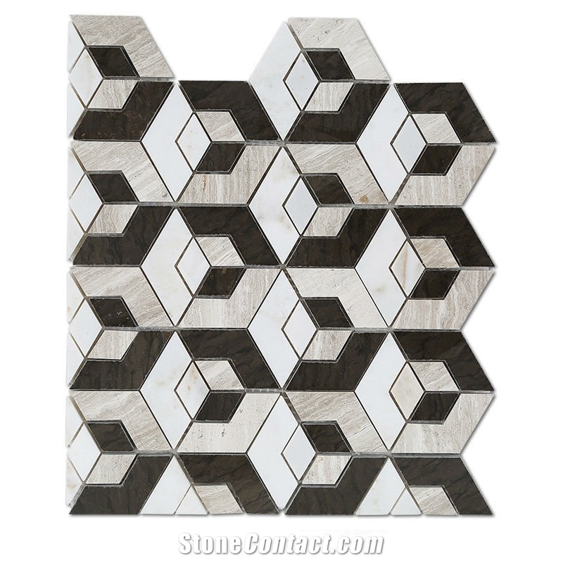Natural Marble Stone Polished Mosaic Tiles ,White Wood Grain with Thassos White and Brown Marble Mosaic