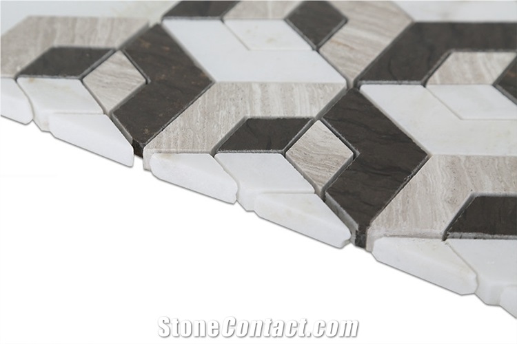 Natural Marble Stone Polished Mosaic Tiles ,White Wood Grain with Thassos White and Brown Marble Mosaic
