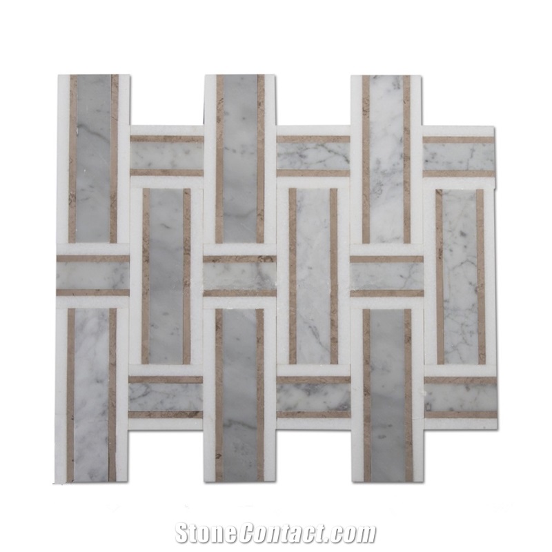 New Style Carrara White Stone Marble Basketweave Mosaics Tile, New Designcarrara White with Thassos White with Brown Marble Mosaic Tile