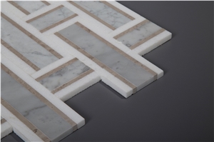 New Style Carrara White Stone Marble Basketweave Mosaics Tile, New Designcarrara White with Thassos White with Brown Marble Mosaic Tile