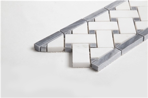 White Mixed Gray Basketweave Design Marble Mosaic Wall Border, Thassos White with Bardiglio Gray Marble Mosaic