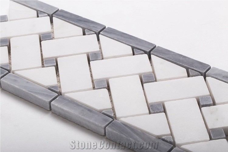 White Mixed Gray Basketweave Design Marble Mosaic Wall Border, Thassos White with Bardiglio Gray Marble Mosaic