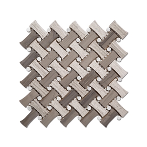 Wood Grain Marble Dogbone White Dots Backsplash Basketweave Mosaic Tile, White Oak with Athens Grey Water Jet Mosaic