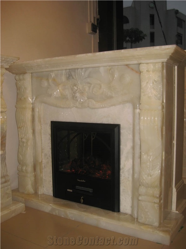 Beige Onyx Fireplace Mantel, Western Style Handcarved Sculptured Modern Fireplace Mantel, Stone Fireplace Hearth Gofar