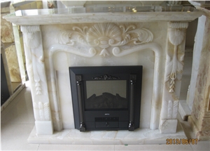 Beige Onyx Fireplace Mantel, Western Style Handcarved Sculptured Modern Fireplace Mantel, Stone Fireplace Hearth Gofar
