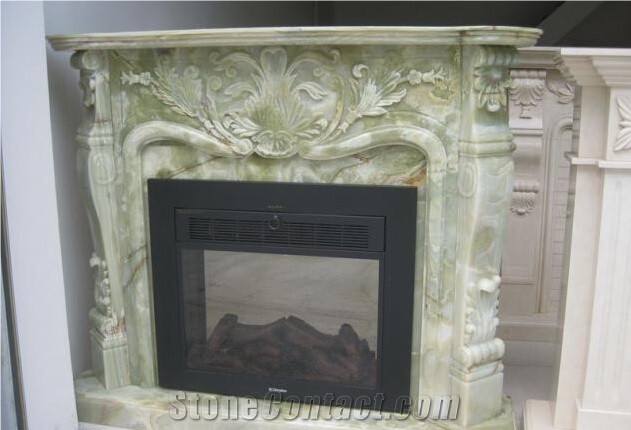 Green Onyx Fireplace Mantel, Western Style Handcarved Sculptured Modern Fireplace Mantel, Stone Fireplace Hearth Gofar