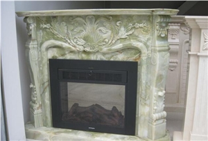 Green Onyx Fireplace Mantel, Western Style Handcarved Sculptured Modern Fireplace Mantel, Stone Fireplace Hearth Gofar
