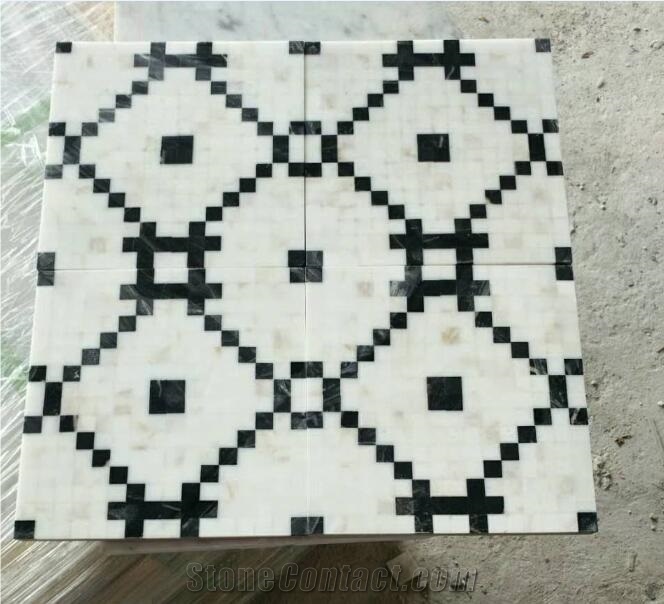 Oriental White Carrara Marble Waterjet Black Marble Pattern Patio Bathroom Floor Design,Walling Tiles,Square Mosaic Sheet for Interior Stone