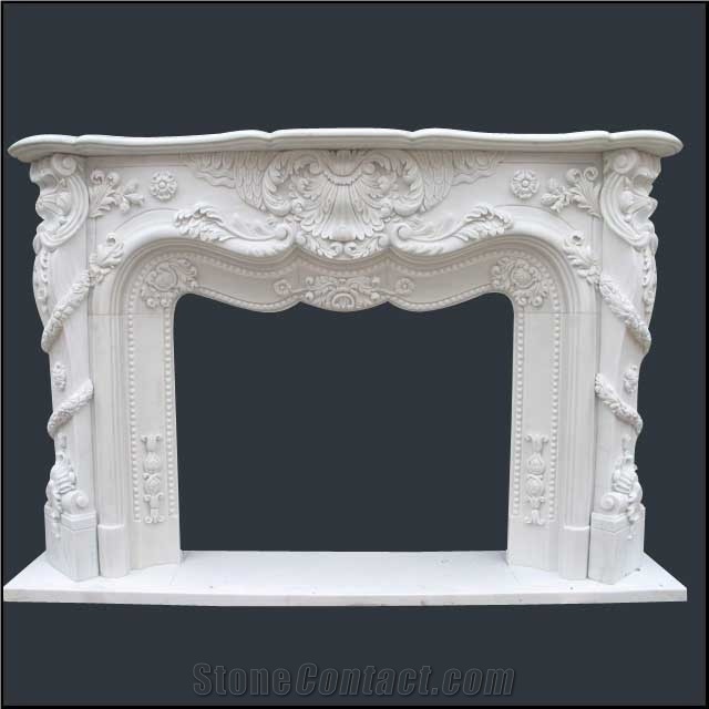 Oriental White Marble Fireplace Mantel, Western Style Handcarved Sculptured Modern Fireplace Mantel, Stone Fireplace Hearth Gofar