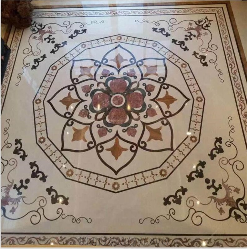 China Beige Marble Square Waterjet Medallions,Premium Marble Tiles Western Style,Customized Marble Flooring European Style,Mosaic Inlay Lobby and Hall