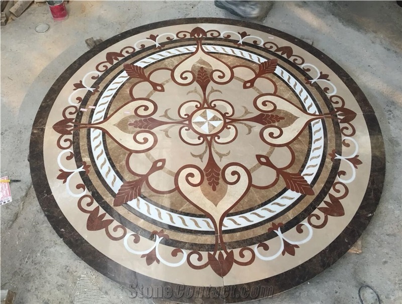 China Brown Natural Stone Marble Round Waterjet Medallions,Inlay Flooring Tiles,Customized Flooring Paving Tiles Patterns Design ,Decorated Hotel