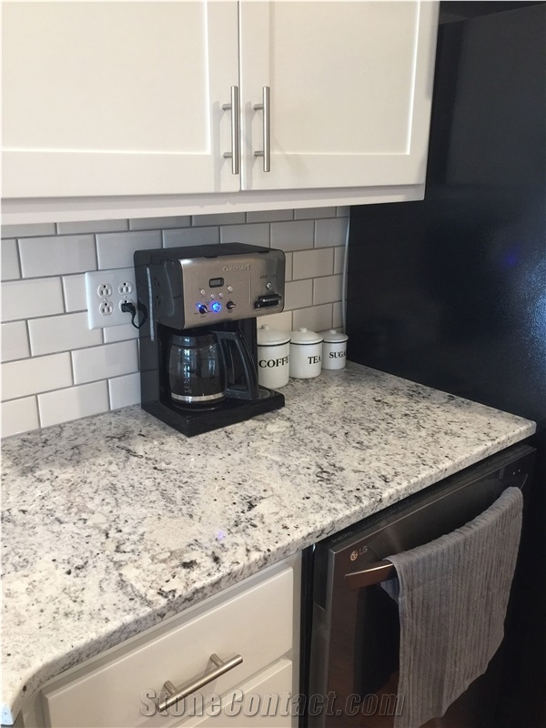 White Ice Granite Countertop, White Subway Tile with Gray Grout