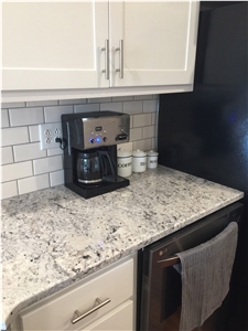 White Ice Granite Countertop, White Subway Tile with Gray Grout