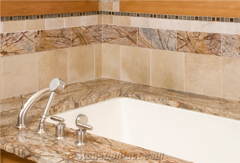 Rain Forest Gold Marble Bath Tub Deck, Wall Tiles