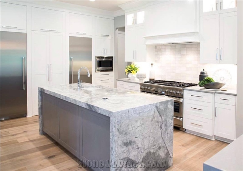 Arabesque White Quartzite Countertop, Island with a 2.5" Mitered Edge and Waterfalls