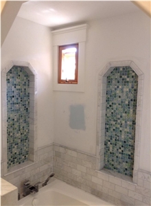 Super White Quartzite Slabs and Glass Mosaic Tiles Bath Design