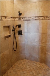 Tumbled Travertine Bathroom Shower Wall and Floor Tiles, Borders