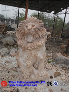 Beige Marble Engraving Stone,Cheap Animal Sculptured Stone,Lions Door Guards,Garden Decoration,Beige Lions Sculptured