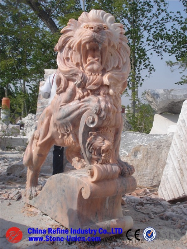 Beige Marble Engraving Stone,Cheap Animal Sculptured Stone,Lions Door Guards,Garden Decoration,Beige Lions Sculptured