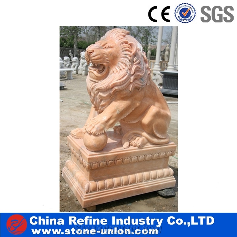Marble Animal Statue Of Lion, Red Marble Statues,Lion Sculpture Statue, Kerman Pink Marble Statues,Pink Marble Animal Sculptures
