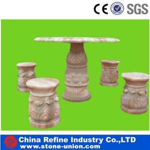 Round Marble Table Top,Marble Bench and Table,Exterior Table Set, Bench, Beijing Pink Marble Table Set,Hand Carved Pink Marble Bench for Garden