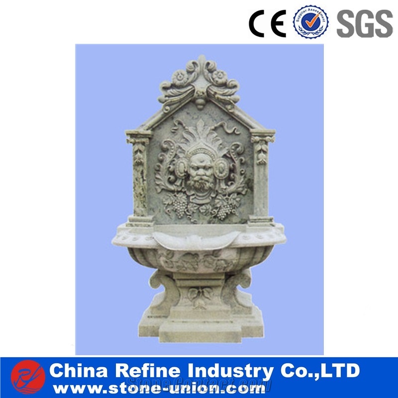 Sandstone Exterior Sculptured Fountains for Garden,Water Fountain with Sculptures,Beige Marble Carved Wall Mounted Fountains