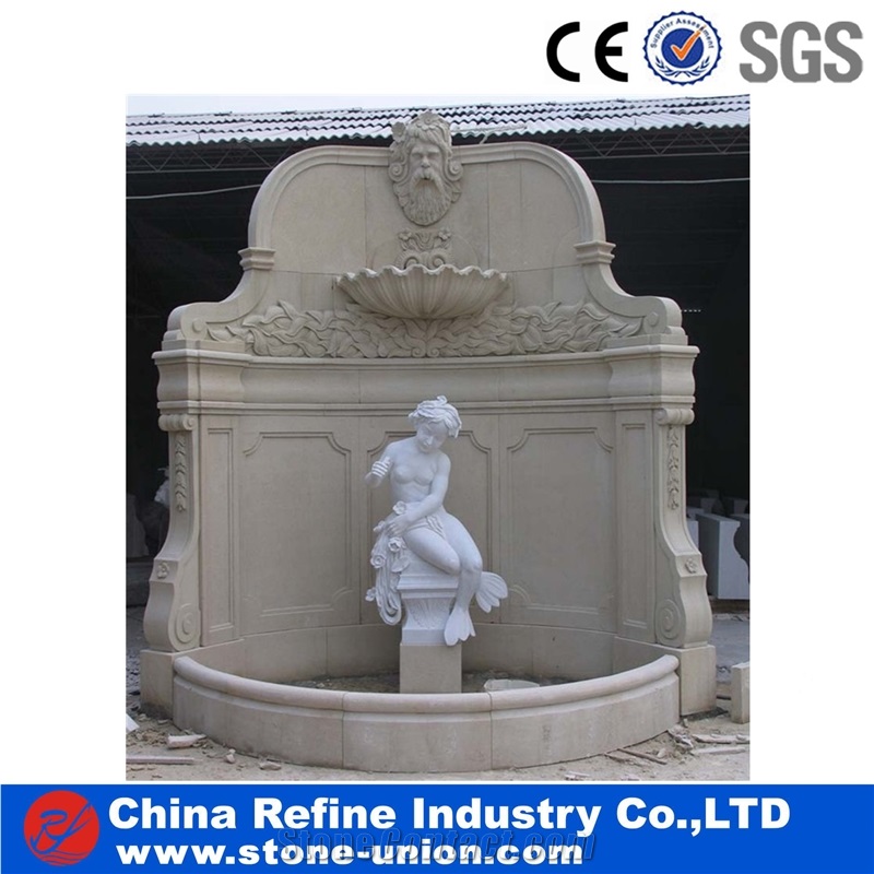 Sandstone Exterior Sculptured Fountains for Garden,Water Fountain with Sculptures,Beige Marble Carved Wall Mounted Fountains