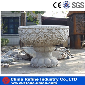 White Stone Round Garden Pots & Planters, Stone Planters & Flower Pot,Marble Pedestal Planter with Carved,Beige Limestone Flower Pot