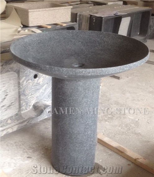 G668 China Dark Grey Sesame Granite Mushroom Shaped Pedestal Wash Basins for Bathroom or Exterior Landscaping Round Stand Sinks