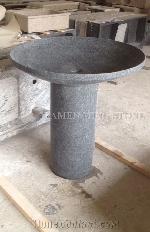 G668 China Dark Grey Sesame Granite Pedestal Wash Basins for Bathroom or Exterior Landscaping Round Sinks