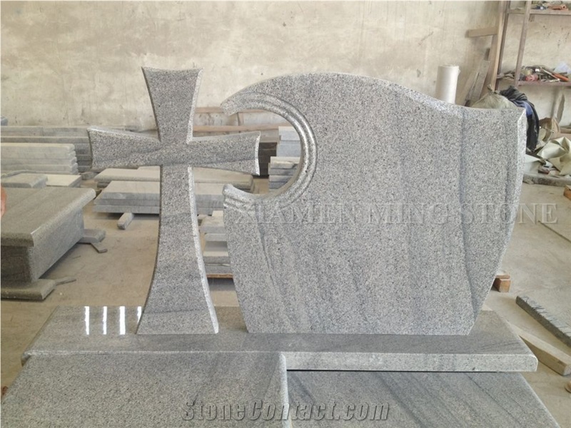 Project Show Viscont White Polished Granite Polish Style Cross Tombstone/ Juparana Grey Vein Viskont Monuments Gravestone