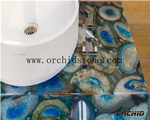 Blue Agate Semi Precious Stone Backlit Vanity Tops,Work Tops,Kitchen Countertops,Bar Tops,Island Tops,Blue Gemstone Translucent