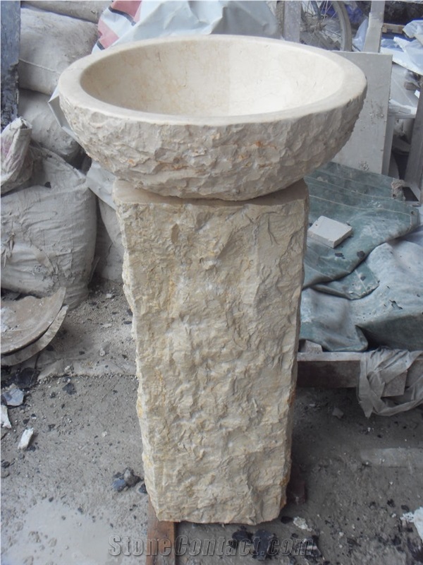 Beige Marble Split Finish Wash Bowls Sunny Beige Split Face Pedestal Basin for Bathroom
