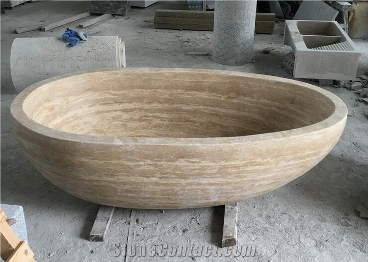 Beige Traveltine Natural Stone Freestanding Oval Bathtub