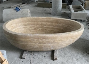 Beige Traveltine Natural Stone Freestanding Oval Bathtub