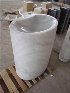 Bianco Carrara Cd Pedestal Sink for Bathroom, Natural Stone Marble Pedestal Vessel Basin